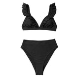 V-Neck Ruffled High-Waist Bikini Set Solid 2-Pieces Swimwear