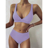 High Waist Push Up Swimwear Ribbed V-Neck Bikini Set