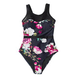 Floral Print Mesh Patchwork Swimsuit O-Neck Lace-Up Monokini