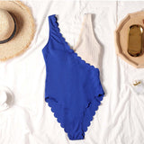 Sexy High Cut One-Piece Scalloped Splicing Ribbed Swimsuit