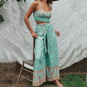 Floral Print Bra Tank Top Leg Pants Ruched Camis 2-Pieces Set