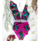 Women's Sexy V-neck High Waist Floral Ruffled Bikini Set