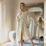 Leaf Print Long-Sleeved V-Neck Wrap Lace-Up A-Line Dress