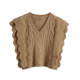 Cable-Knit Vest V-Neck Ruffle Trim Pullover Sweater Tank Tops