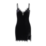 Gothic Cross Vintage Spaghetti Strap High Waist Slit Mini Dress