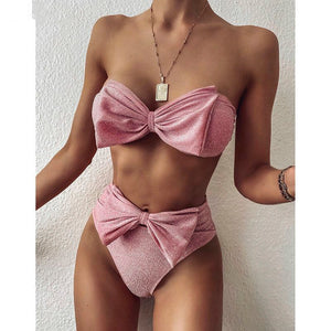 High Waist Bikinis Bandeau Shiny Bow Strapless Swimwear