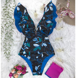 Sexy Print Deep V-Neck Swimsuit Ruffle Push Up Backless Monokini