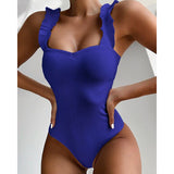 Ribbed Push Up Bodysuit Ruffle Strap 1-Piece Beachwear