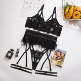 Lace Embroidery Feather Bra & Underwear See Through 3-Piece Lingerie