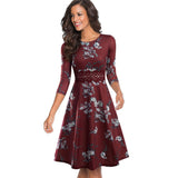 Retro Pure Color with Lace A-Line Flared Swing Dress