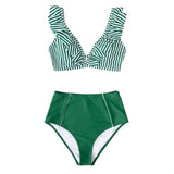 Stripe Ruffled High-Waist Sexy V-Neck Tank 2-Pieces Bikini Set