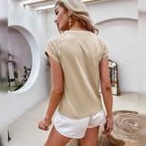 Lace Crochet Stitching Cotton Hollow Out O-Neck T-Shirt