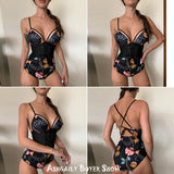 Backless Push Up Abdomen Control Waist Print Vintage Retro Beach Wear