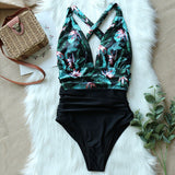 One Piece Halter Swimsuit Print Cross Backless Monokini