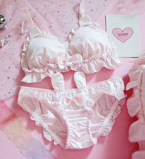 Bow Ruffle Rabbit Ears Lingerie Bra and Panties Set