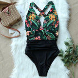 One Piece Halter Swimsuit Print Cross Backless Monokini