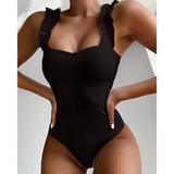 Ribbed Push Up Bodysuit Ruffle Strap 1-Piece Beachwear