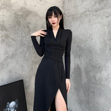 Gothic High Waist Long Sleeve Slit Dress