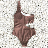 One Shoulder Cut Out One-Piece Solid Brown Swimsuit