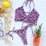 Leopard High Cut Thong Bikini Two-Pieces Lace Up Swimwear