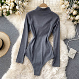 Knitted Stand Collar Long Sleeve Hollow Out Bodysuit Rompers