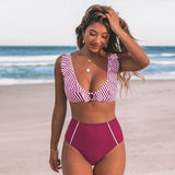 Stripe Ruffled High-Waist Sexy V-Neck Tank 2-Pieces Bikini Set