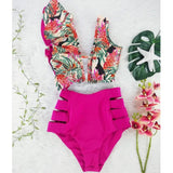 Women's Sexy V-neck High Waist Floral Ruffled Bikini Set