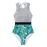 Striped Leafy One-Piece Swimsuit Sexy Cutout Monokini