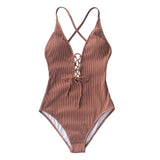 Solid 1-Piece Swimsuit Women Backless V Neck Lace Up Monokini