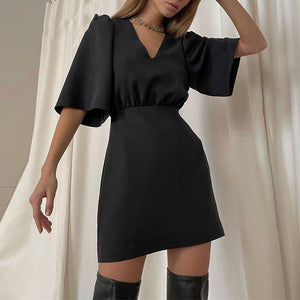 Women's Short Sleeve Sexy V-Neck Solid A-Line Mini Dress