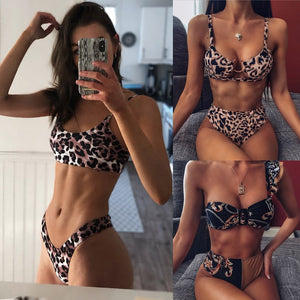 Sexy Leopard Push Up Thong High Cut Swimwear Bikini Set