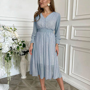 Elegant V-Neck Flare Sleeve Polka Dot Print Midi Dress