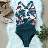 One Piece Halter Swimsuit Print Cross Backless Monokini