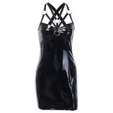 Gothic Bandage Halter Hollow Out PU Leather Bodycon Mini Dress