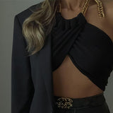 Sexy Backless Ruched Halter Chain Wrap Crop Tops