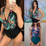 One Piece Halter Swimsuit Print Cross Backless Monokini