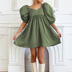 Cotton V-neck Loose Lantern Sleeve High Waist Mini Dress