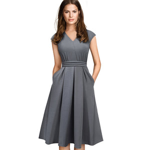 Brief Elegant Solid Color A-Line Flare Dress with Pocket