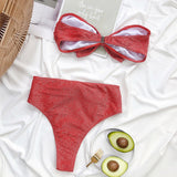 High Waist Bikinis Bandeau Shiny Bow Strapless Swimwear