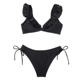 Floral Ruffled V-Neck Bikini Sets Lace Up Two Pieces Swimwear