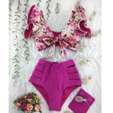 Women's Sexy V-neck High Waist Floral Ruffled Bikini Set