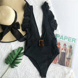 Women Ruffled Deep V Swimsuit With Belt Monokini Swimwear