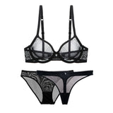 Mesh Lace Transparent Unlined 3-Piece Bra Panties Thong Set