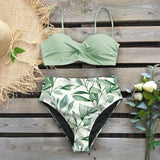 Leaf Print Push Up Bikinis Set High Waist Swimming Suits