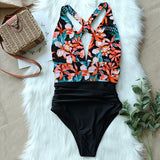 One Piece Halter Swimsuit Print Cross Backless Monokini