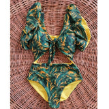 Sexy Print Deep V-Neck Swimsuit Ruffle Push Up Backless Monokini