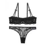 Lace Floral Half Cup Gather Bra Thong 2-Piece Lingerie Set