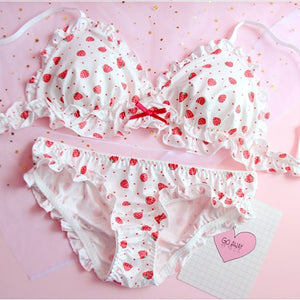 Strawberry Print Milk Silk Wire Free Underwear Bra and Panty Set