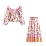 Ruffle Floral Print Pullover Shirt High Waist Maxi 2-Pieces Set