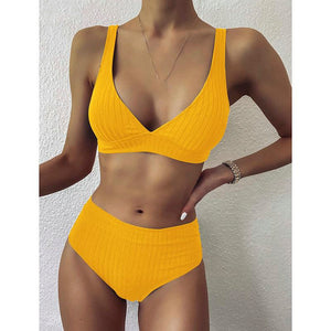 High Waist Push Up Swimwear Ribbed V-Neck Bikini Set